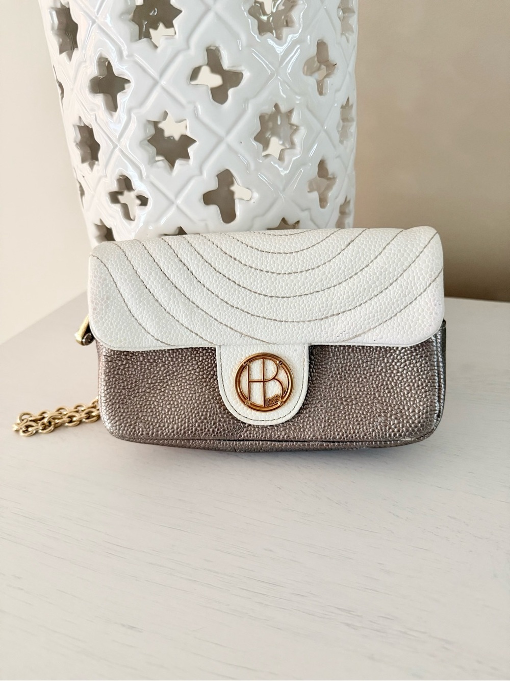 Henri Bendel Metallic Pebbled Leather Flap Clutch with Wristlet Chain